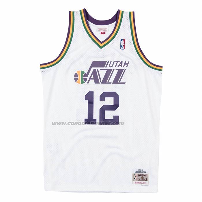 Maglia Utah Jazz John Stockton No 12 Mitchell & Ness 1991-92 Bianco